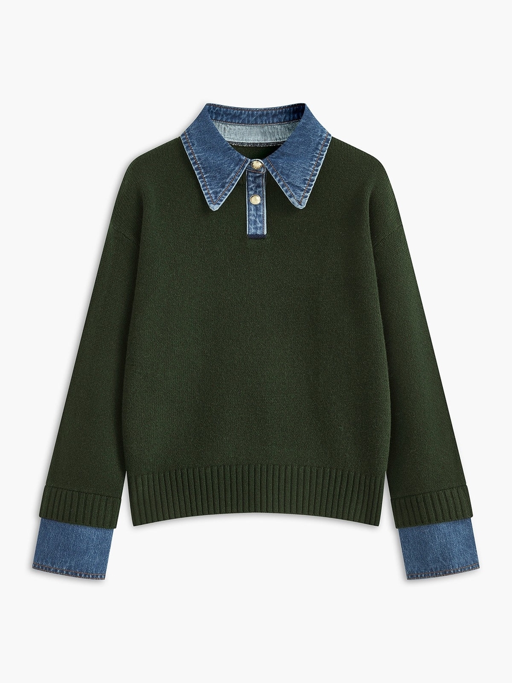 Commense Olive Green Knit Sweater with Denim Collar